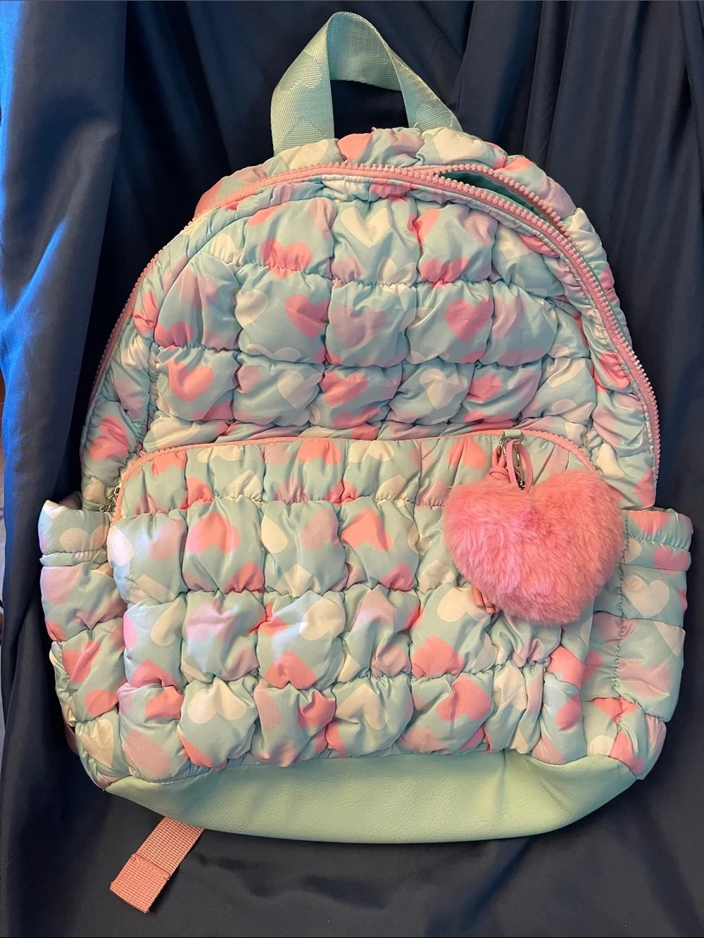 Quilted Mint Backpack with Pink Hearts & Pom Charm